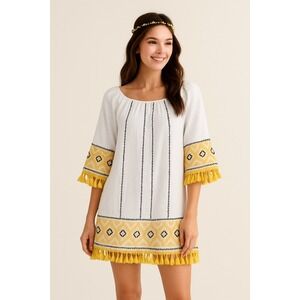 :
Velzera Boho Embroidered Tassel Hem Peasant Dress White Yellow Cotton XL